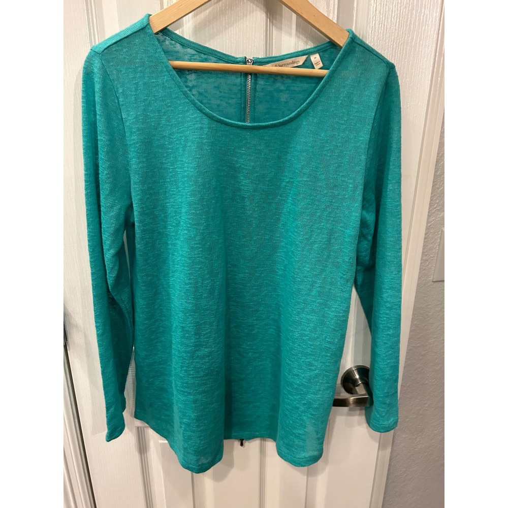 ❤️ Soft Surroundings Top Teal Green‎ Full Back Zip Long Sleeve Slub Knit Scoop